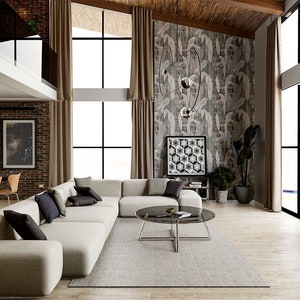 Puede incluir: Un gran sof&aacute; seccional blanco con almohadas negras se encuentra sobre una alfombra gris en una sala de estar moderna. La habitaci&oacute;n cuenta con grandes ventanas, una pared de ladrillo y un papel tapiz estampado con una pieza de arte geom&eacute;trico colgada en ella.