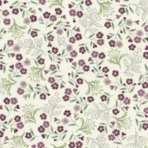 May include: A white fabric with a repeating pattern of small purple flowers and green leaves.