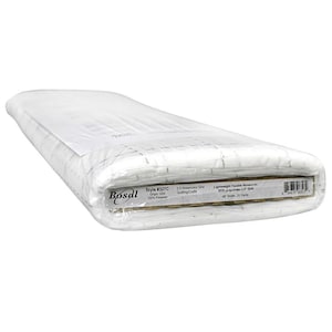 May include: A roll of white Bosal Style #327C lightweight fusible nonwoven fabric with a 2.5 inch watercolor grid pattern. The product label specifies 100% polyester, 48 inch width, and 25 yards in length, wrapped in clear plastic packaging.