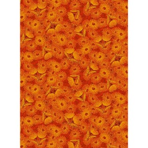 May include: A seamless pattern featuring a repeating design of orange flowers on a red background.
