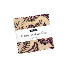 May include: A bundle of fabric squares featuring a cream-coloured background and a paisley floral design in purple and olive green. The fabric is wrapped with a white band that reads "Collection for a Cause Essence".