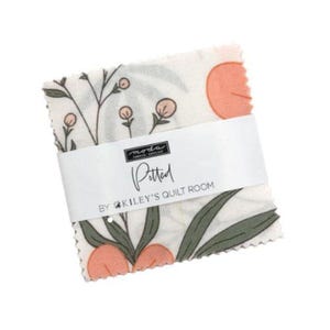 May include: A stack of fabric squares with a floral pattern in shades of peach, green, and cream. The fabric is wrapped with a white band that reads "Potted" and "By Kiley's Quilt Room."