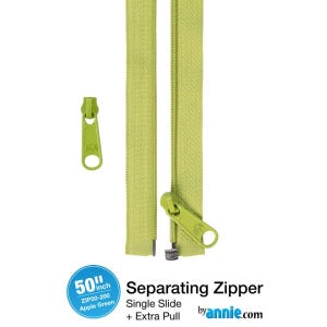 Può includere: Una cerniera divisibile verde mela da 127 cm con cursore singolo ed extra pull. La cerniera è mostrata con il cursore in tre posizioni: completamente chiuso, parzialmente aperto e staccato. È visibile anche il testo "Separating Zipper" e "by annie.com".