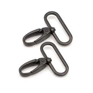 May include: Two gunmetal-colored swivel lobster clasps with an oval-shaped loop and a spring-loaded gate mechanism. These metal hardware components feature a smooth, dark metallic finish and are designed for attaching straps or accessories.
