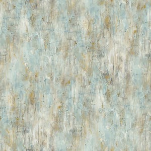 May include: Abstract art piece with a textured surface. The artwork features a blend of colors, including light blue, beige, and touches of gold and gray. The brushstrokes create a layered effect, giving the piece a weathered appearance.