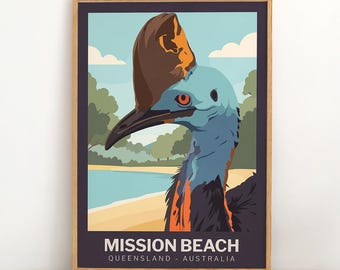 Plakat podróżniczy w stylu vintage z Mission Beach | Queensland, Australia, wydruk z kazuarem | Wybrzeże tropikalnego lasu deszczowego | Australijska sztuka ptaków