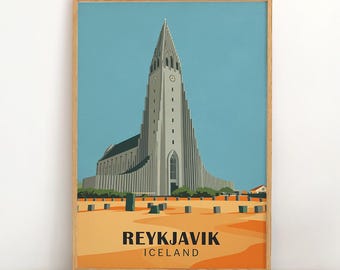 Vintage plakat podróżniczy Reykjavik | Islandia Hallgrímskirkja Drukuj | Punkt orientacyjny kościoła w Reykjaviku | Islandzki nadruk retro