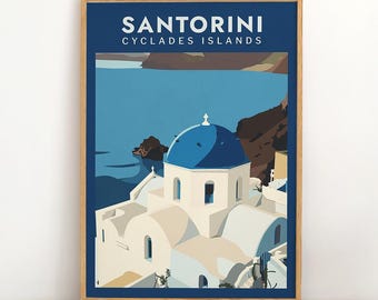Plakat podróżniczy w stylu vintage: Santorini Blue Dome | Cyklady, Grecja | Kościół Blue Dome