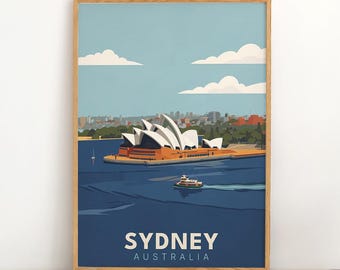 Plakat podróżniczy w stylu vintage z Sydney | Grafika przedstawiająca port w Operze w Australii | Port w Sydney | Sztuka podróżnicza w stylu retro