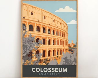 Plakat podróżniczy w stylu vintage: Koloseum w Rzymie | Wydruk z rzymskiego amfiteatru we Włoszech | Panorama starożytnej areny