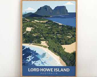 Plakat podróżniczy z wyspy Lord Howe w stylu vintage | Wydruk z wybrzeża Australii w Nowej Południowej Walii | Obiekt światowego dziedzictwa UNESCO | Mount Gower