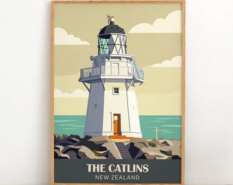 Plakat podróżniczy w stylu vintage z latarnią morską Catlins Waipapa Point | Wydruk The Catlins w Nowej Zelandii | Wybrzeże Południowego Otago