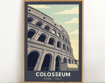 Plakat podróżniczy w stylu vintage: Koloseum | Rzym, Włochy | Starożytny rzymski amfiteatr