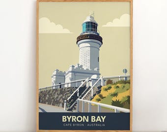 Plakat podróżniczy w stylu vintage z latarnią morską Cape Byron | Byron Bay Australia | Wybrzeże Nowej Południowej Walii