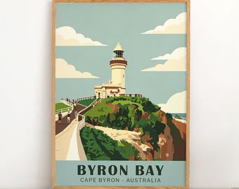 Plakat Byron Bay – Latarnia morska Cape Byron – Plakat podróżniczy w stylu vintage – Retro Print Australia – Byron Bay Art