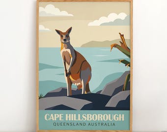 Plakat podróżniczy w stylu vintage z Cape Hillsborough | Queensland, Australia, nadruk z kangurem | Wschód słońca na plaży, dzika przyroda