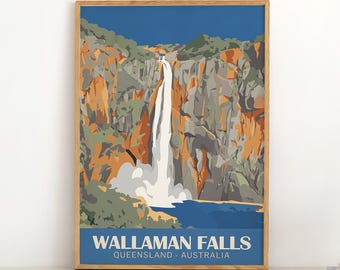Plakat podróżniczy Wallaman Falls w stylu vintage | Wodospad w Queensland w Australii | Wąwóz Hinchinbrook Area Gorge