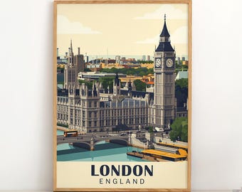 Plakat podróżniczy w stylu vintage z Londynu i Anglii | Wydruk retro Big Ben | Kultowa sztuka przedstawiająca pejzaż miejski Tamizy