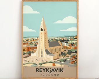 Vintage plakat podróżniczy Reykjavik | Islandia Hallgrímskirkja Drukuj | Panoramę Reykjaviku | Islandzki nadruk retro