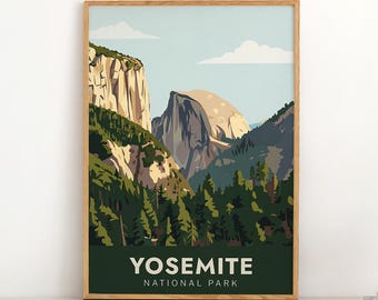 Plakat z Parkiem Narodowym Yosemite w stylu vintage | Góry w Kalifornii, USA | Dolina Half Dome | Sztuka El Capitan