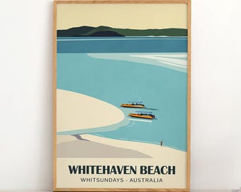 Plakat podróżniczy w stylu vintage: Whitehaven Beach | Wydruk z Whitsundays w Australii | Ławice piaskowe Hill Inlet