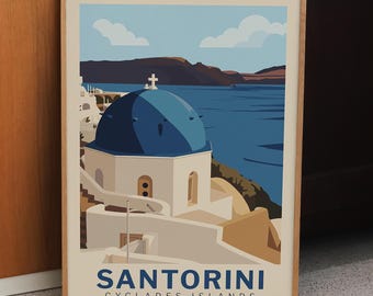 Santorini Grecja Cyklady Wyspy Plakat podróżniczy Vintage