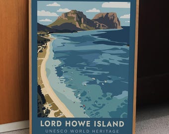 Plakat podróżniczy Vintage z wyspy Lord Howe w Nowej Południowej Walii – plaża wpisana na listę światowego dziedzictwa UNESCO