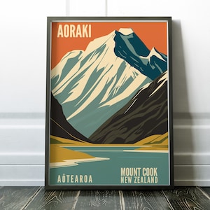 Aoraki Mount Cook Retro Travel Poster: New Zealand Art (Digital Download)