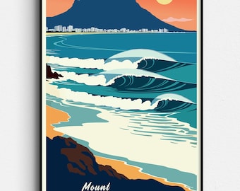 Mount Maunganui Surf Retro Poster -  The Mount New Zealand Vintage Travel Print - Tauranga Sunrise -Digital Download