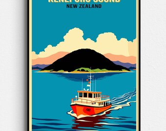 Kenepuru Sound Retro Travel Poster - New Zealand Adventure Nautical Art - Queen Charlotte , Durville Island - Digital Download
