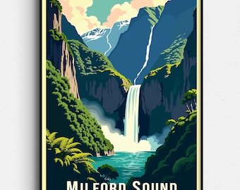 Milford Sound Retro Travel Poster - New Zealand Nature Art - Fiordland National Park , Waterfall Poster - Digital Download