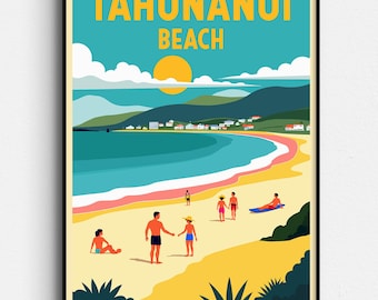 Tahunanui Beach Retro Travel Poster | Nelson NZ Beach | Vintage New Zealand Poster | Tahuna Beach, Stoke, Richmond | Digital Download