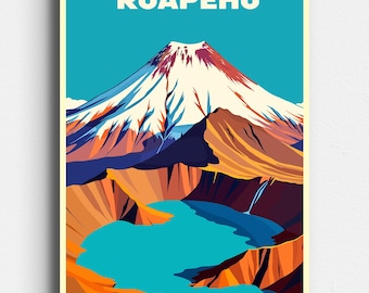 Mount Ruapehu - Tama Lakes - Retro Travel Poster - Vintage Mid Century Style Art - Lake Taupo, Taranaki Digital Download