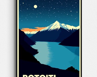 Lake Rotoiti Retro Travel Poster - Nelson Lakes New Zealand - Vintage Art - Night Sky NZ - Digital Download