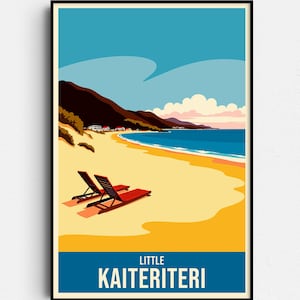 May include: A framed vintage travel poster featuring a beach scene with two lounge chairs on a sandy shore. The poster has a blue sky, turquoise water, and a mountain range in the background. The text "LITTLE KAITERITERI" is at the bottom.