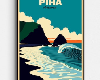 Piha Beach New Zealand Retro Travel Poster - Auckland NZ Vintage Surf Art - Digital Download