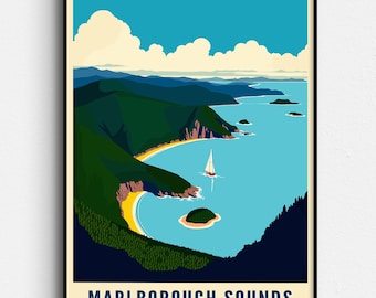 Marlborough Sounds Retro Travel Poster - New Zealand Sailing Nautical Art - Kenepuru Queen Charlotte Sound - Digital Download