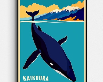 Kaikoura New Zealand Humpback Whale Vintage Travel Poster - Ocean Beach Christchurch, Picton, Blenheim Art - Digital Download