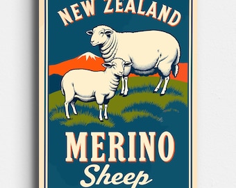 Merino Sheep New Zealand - Retro Advertisement - Vintage poster - Mid Century art - Canterbury, Southland, Otago - Digital Download