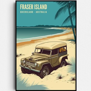 Poster di viaggio retrò di Fraser Island - Arte sulla spiaggia del Queensland - Stampa sulla spiaggia della Toyota Landcruiser 4x4 - Download digitale