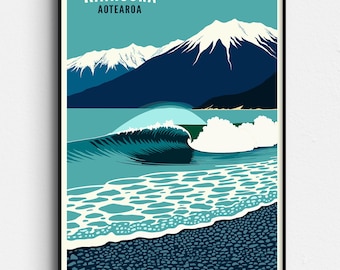 Kaikoura New Zealand Vintage Travel Poster - Kekerengu Retro Surf & Mountain Art - Mangamanu , Kahutara Digital Download