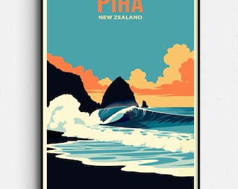 Piha New Zealand Retro Surf Poster - Vintage Auckland Beach Art Print - West Coast NZ - Digital Download