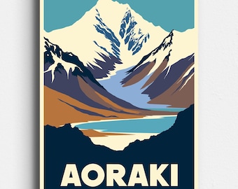 Mount Cook Aoraki New Zealand - Retro Travel Poster - Vintage Mid Century Style Art - Digital Download