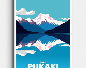 Lake Pukaki - South Island New Zealand - Retro Travel Poster - Vintage Mid Century Style Art - Tekapo, Mackenzie Basin - Digital Download
