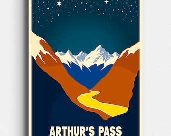 Arthurs Pass - South Island New Zealand - Retro Travel Poster - Vintage Mid Century Style Art - Hokitika, Christchurch - Digital Download