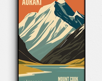 Aoraki Mount Cook retro reisposter - Nieuw-Zeelandse muurkunst - Lake Pukaki - zuidelijke Alpen - NZ reizen - digitale download
