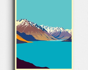Lake Tekapo New Zealand - Retro Travel Poster - Vintage Mid Century Style Art - Queenstown, South Island, Mackenzie Basin - Digital Download