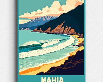 Mahia New Zealand - Hawke's Bay Surf - Retro Travel Poster - Vintage Mid Century Style Art - Digital Download