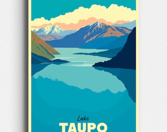 Lake Taupo New Zealand - Retro Travel Poster - Vintage Mid Century Style Art - North Island, Ruapehu - Digital Download