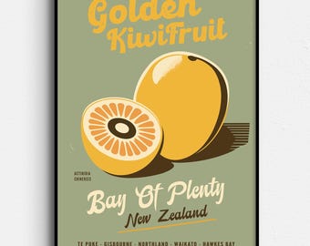 Plakat podróżniczy „Złoty kiwi” z Nowej Zelandii w stylu retro – reklama vintage z Nowej Zelandii, cyfrowe pobieranie produktów rolniczych z Nowej Zelandii
